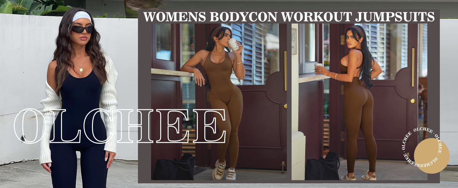 OLCHEE 女式健身连身裤无缝瑜伽健身房紧身连衫裤性感工字背心收腹加垫文胸