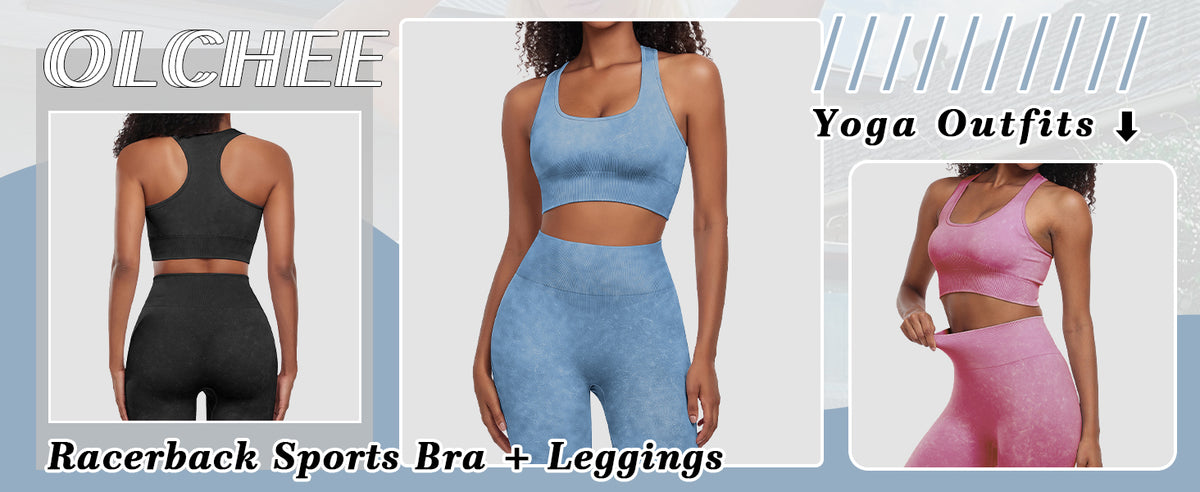 OLCHEE 女式锻炼套装 2 件套 - 酸洗无缝瑜伽服高腰打底裤加垫工字背心运动文胸健身房套装