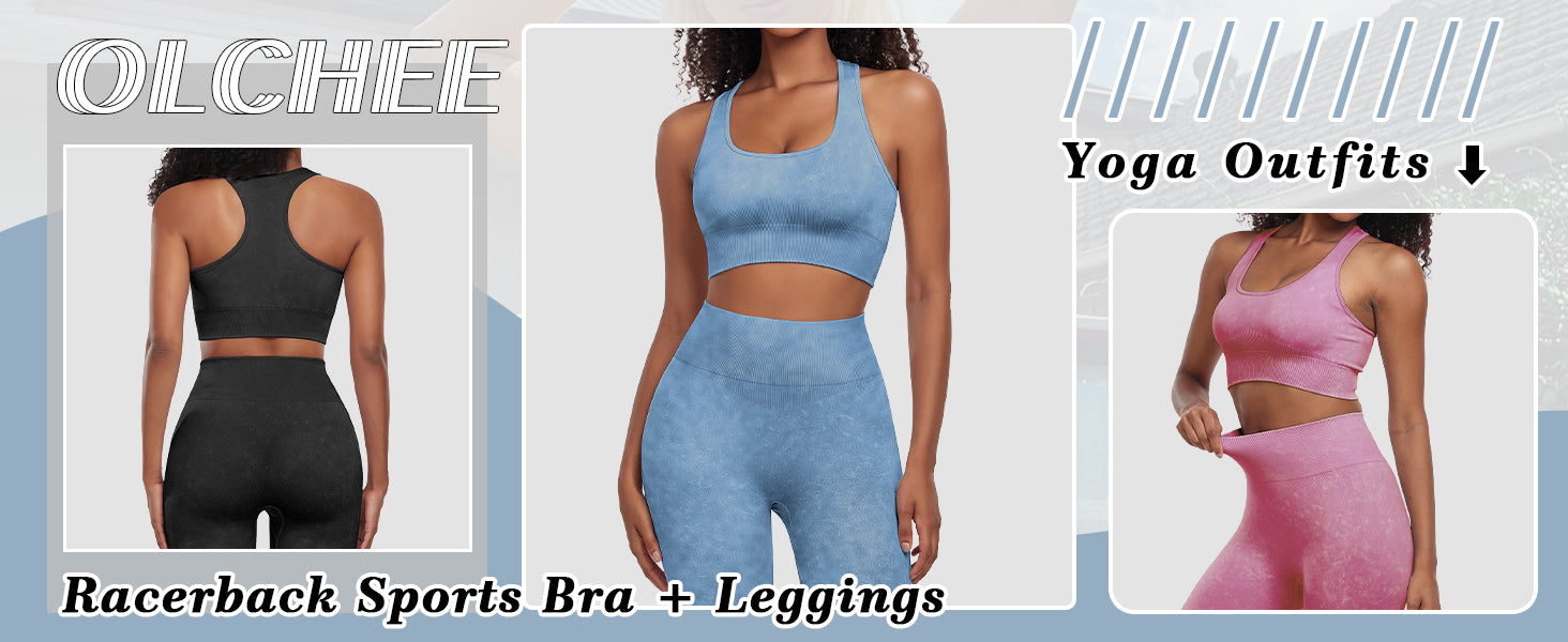 OLCHEE 女式锻炼套装 2 件套 - 酸洗无缝瑜伽服高腰打底裤加垫工字背心运动文胸健身房套装