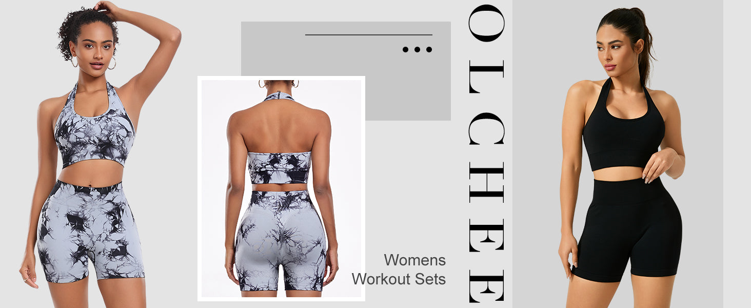 OLCHEE 女士健身套装 2 件套露背挂脖运动胸罩高腰提臀短裤瑜伽健身服休闲运动服