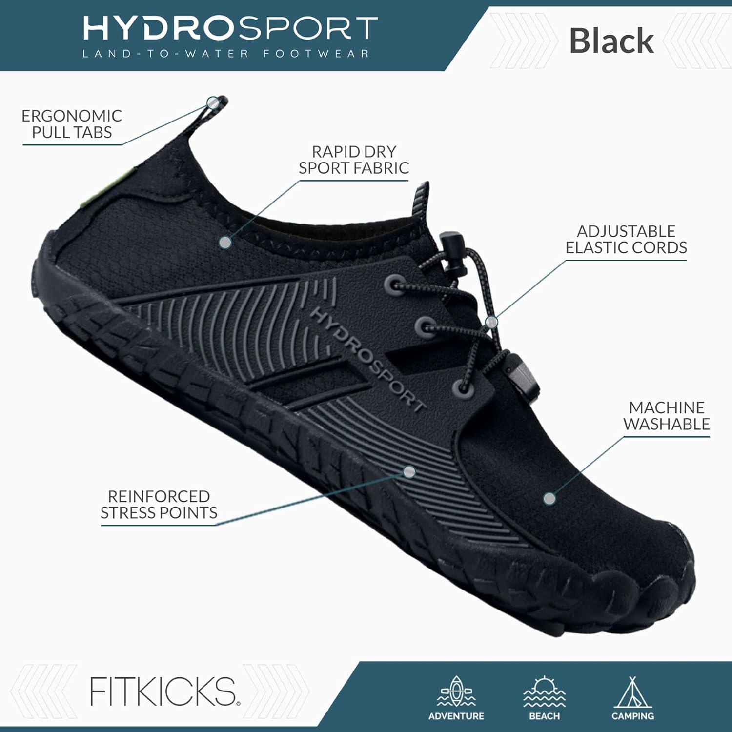 FITKICKS HydroSport 陆到水鞋,中性赤脚鞋,适合海滩、瑜伽、冲浪、露营配饰,男女皆宜的多功能赤脚鞋