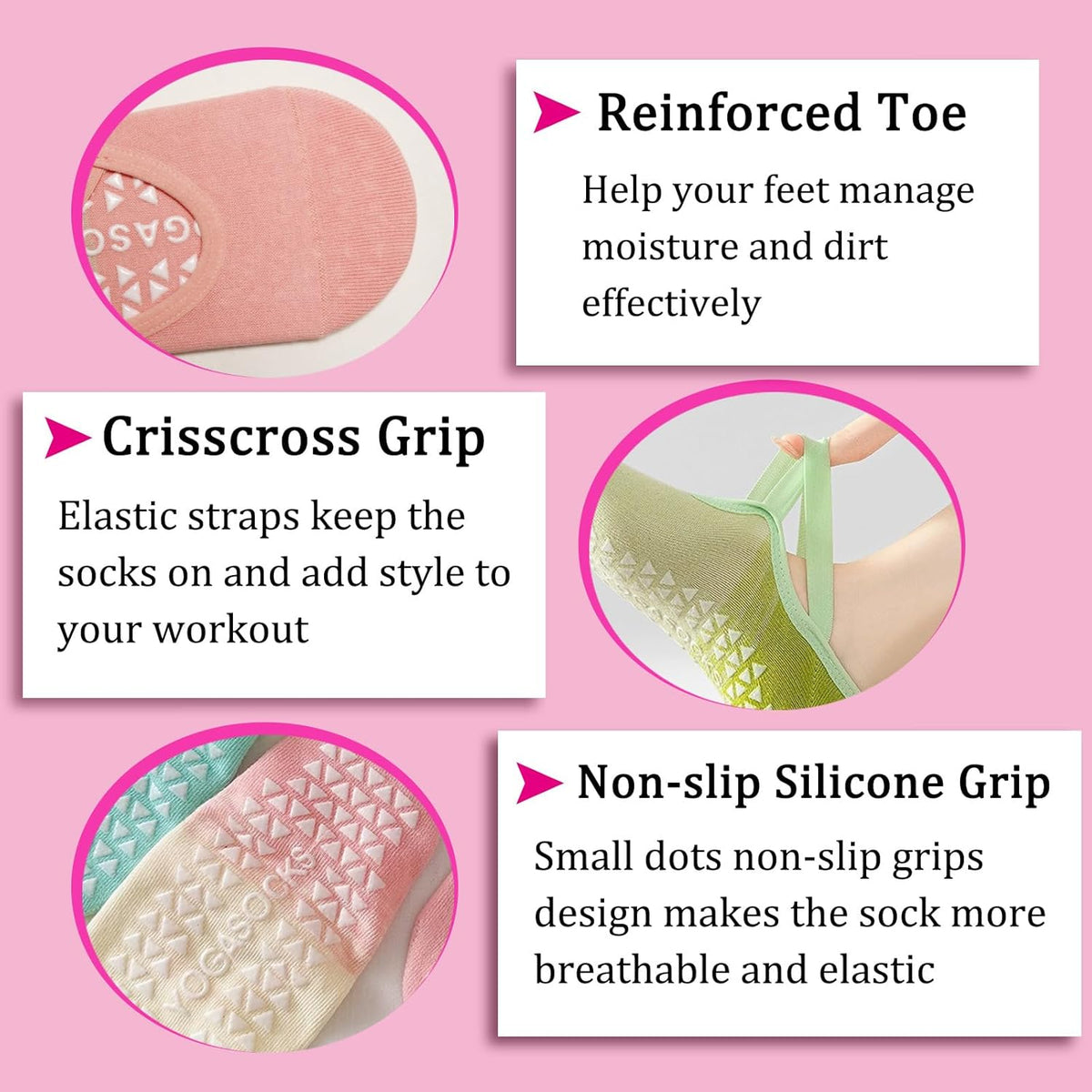Pilates Socks For Women Non Slip With Grips Straps Sticky Gripper Workout Sock for Pilates，Ballet, Dance, Gym