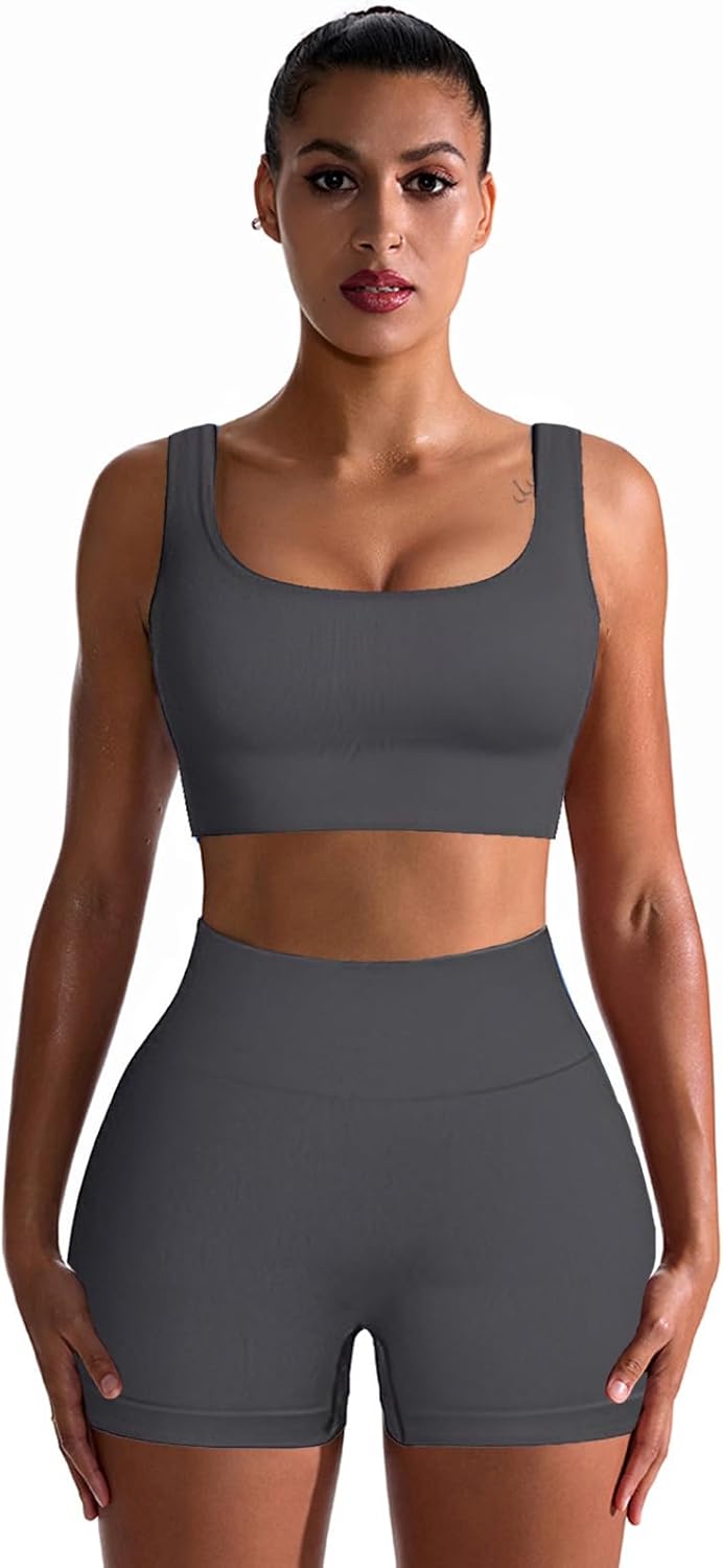 4 件套运动套装女式罗纹打底裤服装瑜伽套装运动装搭配健身普拉提服装