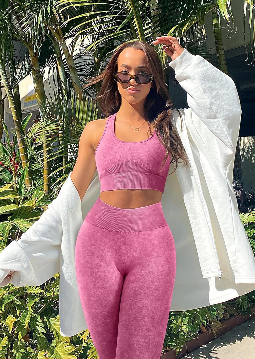 OLCHEE 女式锻炼套装 2 件套 - 酸洗无缝瑜伽服高腰打底裤加垫工字背心运动文胸健身房套装