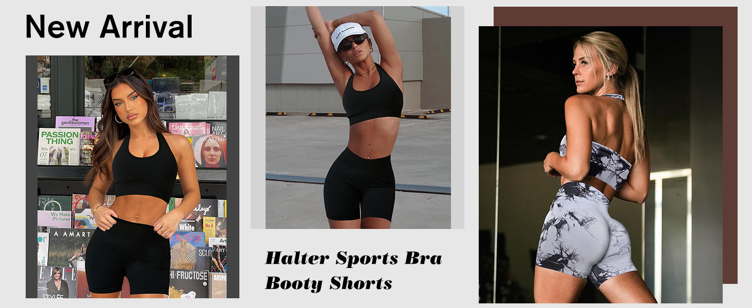 OLCHEE 女士健身套装 2 件套露背挂脖运动胸罩高腰提臀短裤瑜伽健身服休闲运动服