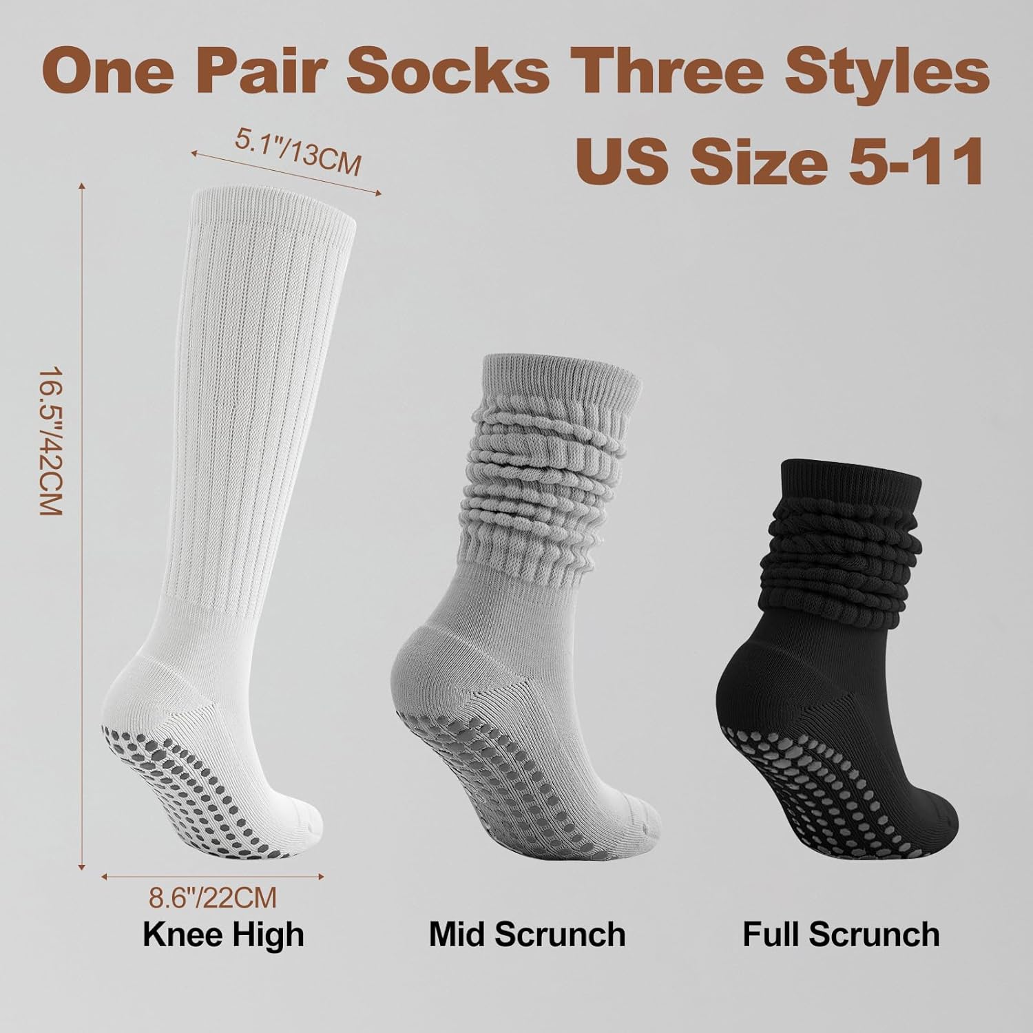 Pilates Socks with Grips for Women, 3 Pairs Long Scrunch Non Slip Yoga Barre Workout Slouch Socks