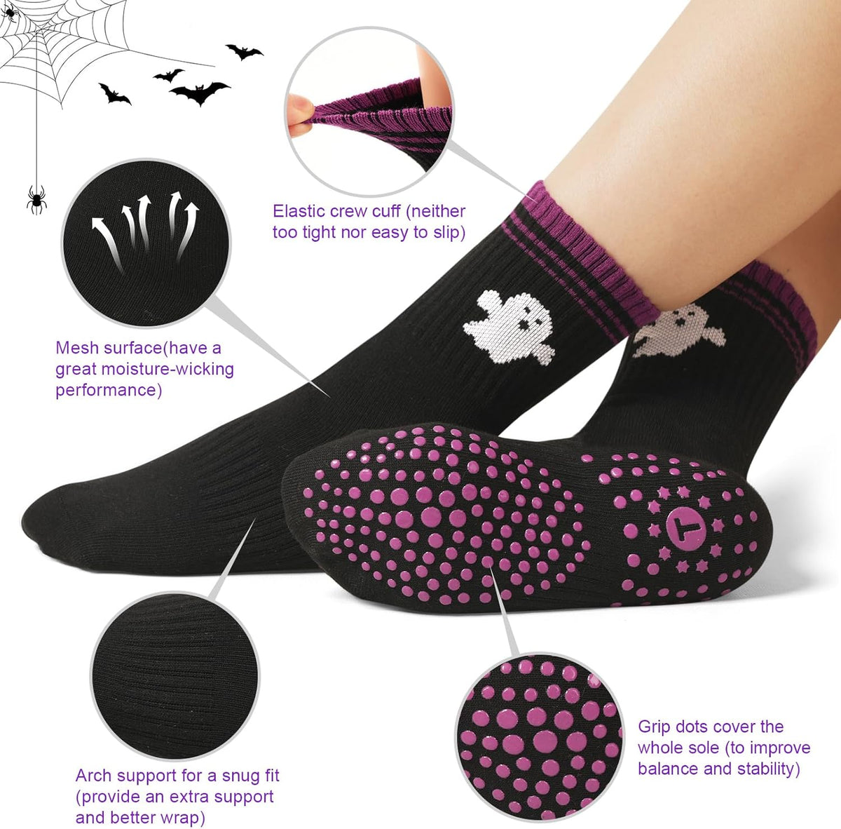 Toes Home 女式普拉提袜带防滑抓手,瑜伽船员袜适用于巴雷医院粘性拖鞋袜 4 双装