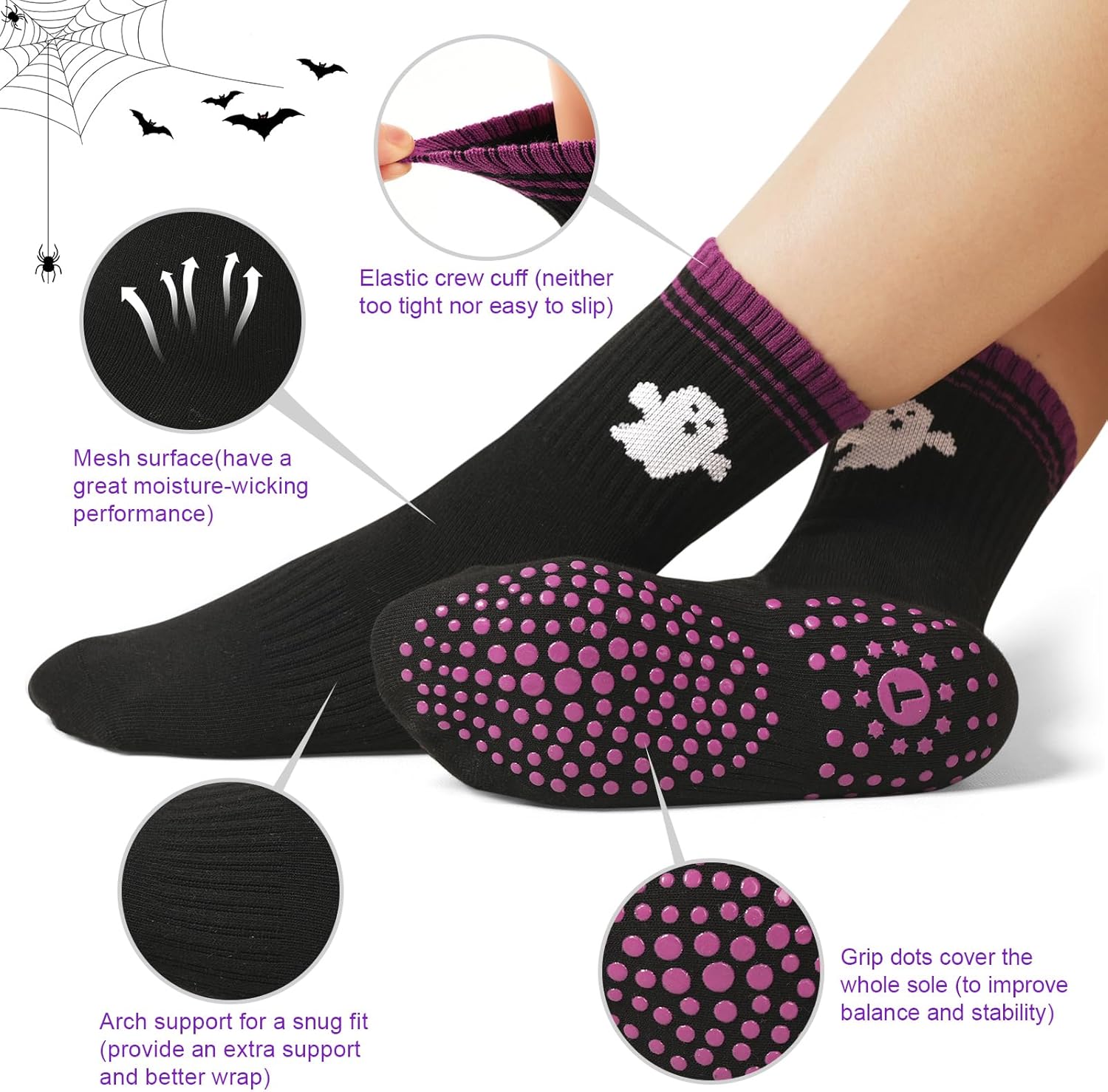 Toes Home 女式普拉提袜带防滑抓手,瑜伽船员袜适用于巴雷医院粘性拖鞋袜 4 双装