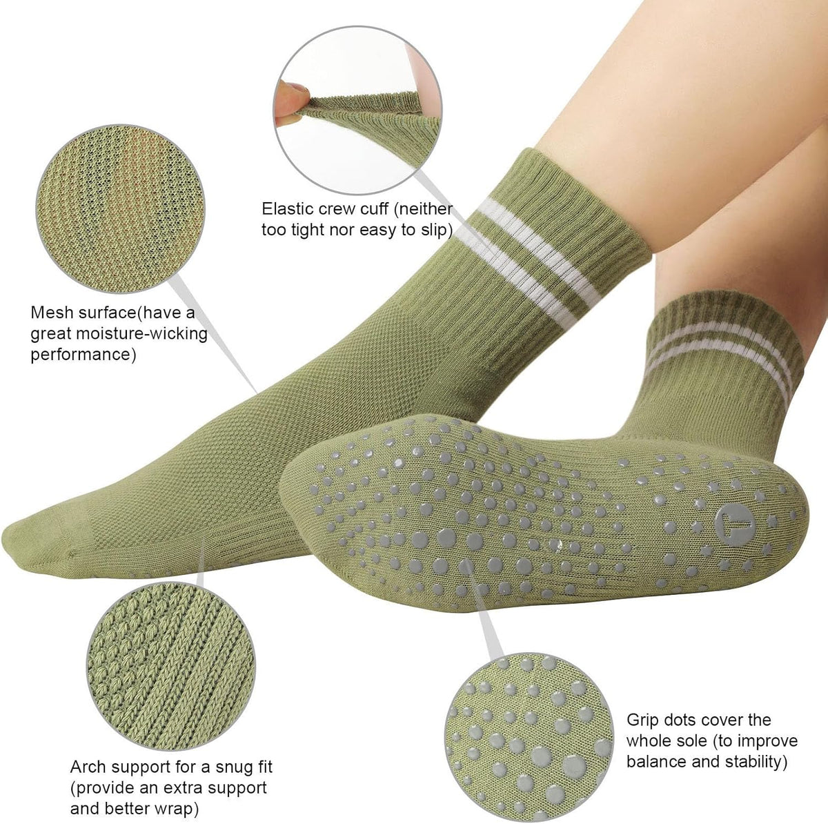 Toes Home 女式普拉提袜带防滑抓手,瑜伽船员袜适用于巴雷医院粘性拖鞋袜 4 双装