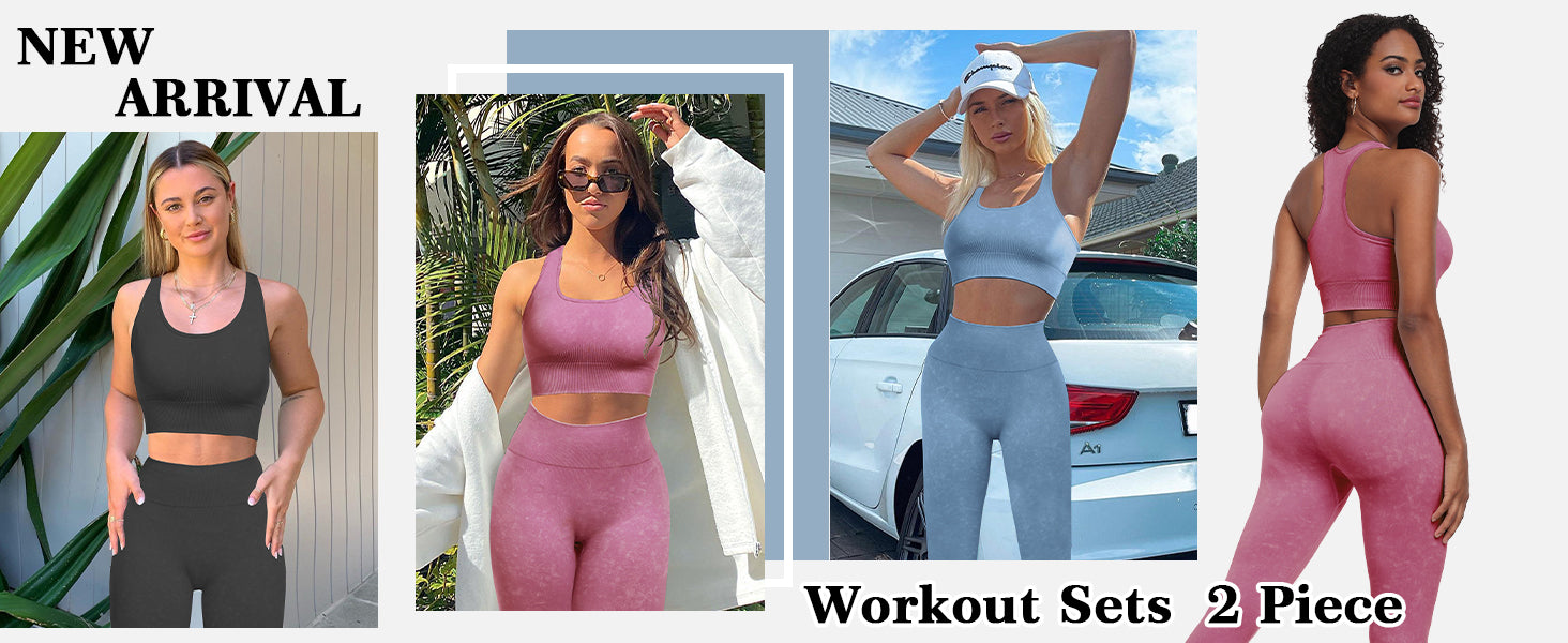 OLCHEE 女式锻炼套装 2 件套 - 酸洗无缝瑜伽服高腰打底裤加垫工字背心运动文胸健身房套装