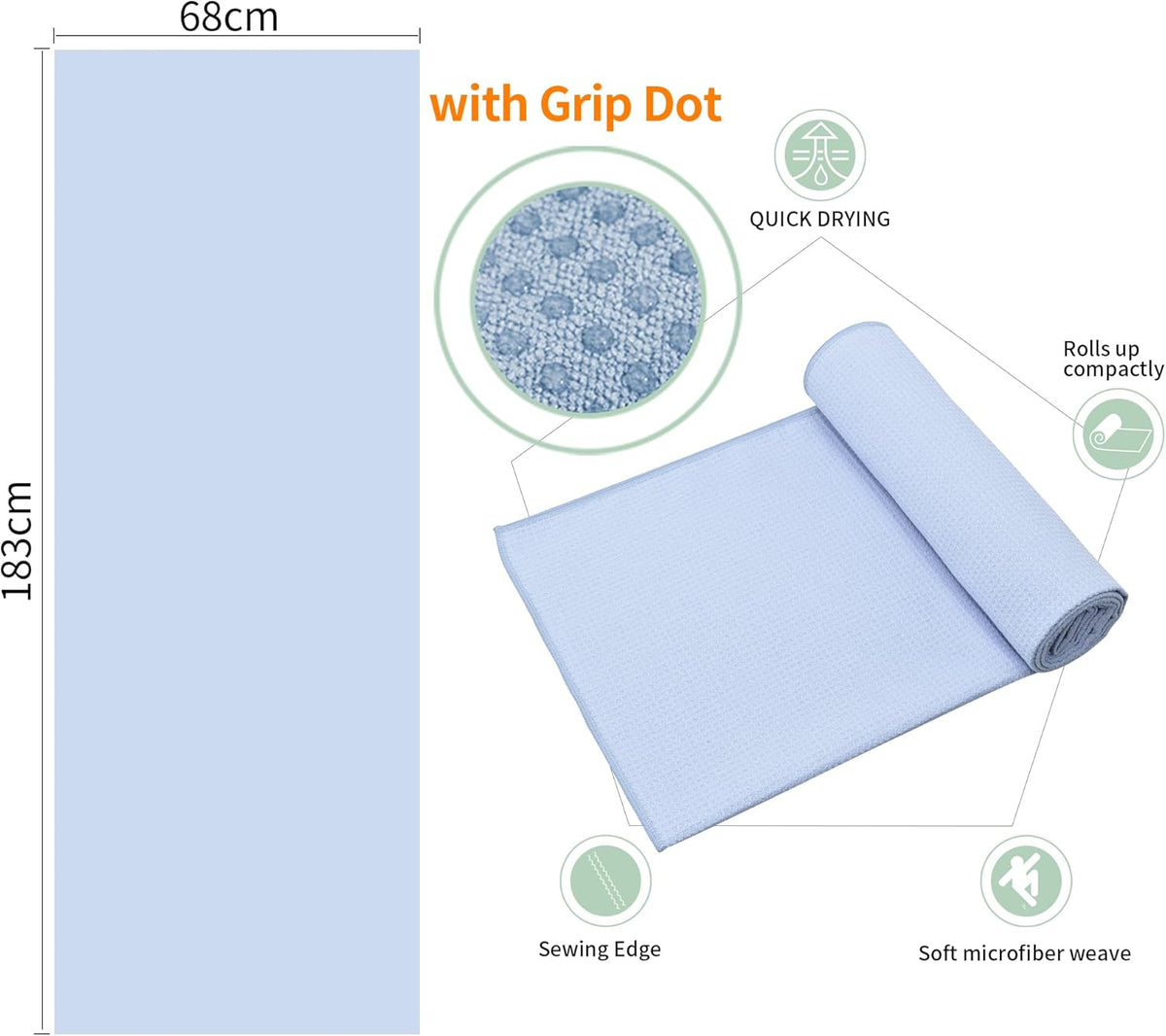 热瑜伽毛巾带抓点,粘性纤维瑜伽垫毛巾防滑适用于热瑜伽,吸水超细纤维防滑套,比克拉姆,普拉提,锻炼,健身