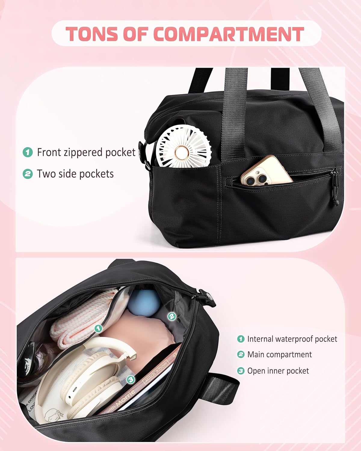 小号健身包,带瑜伽垫支架,湿口袋和一个独立袋,小号健身行李袋,带可拆卸斜挎肩带,粉色