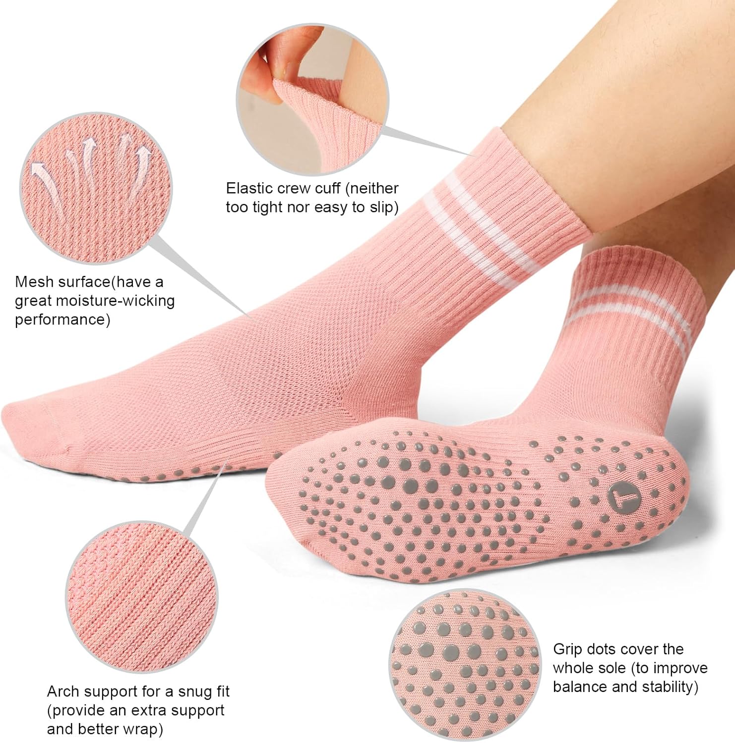 Toes Home 女式普拉提袜带防滑抓手,瑜伽船员袜适用于巴雷医院粘性拖鞋袜 4 双装