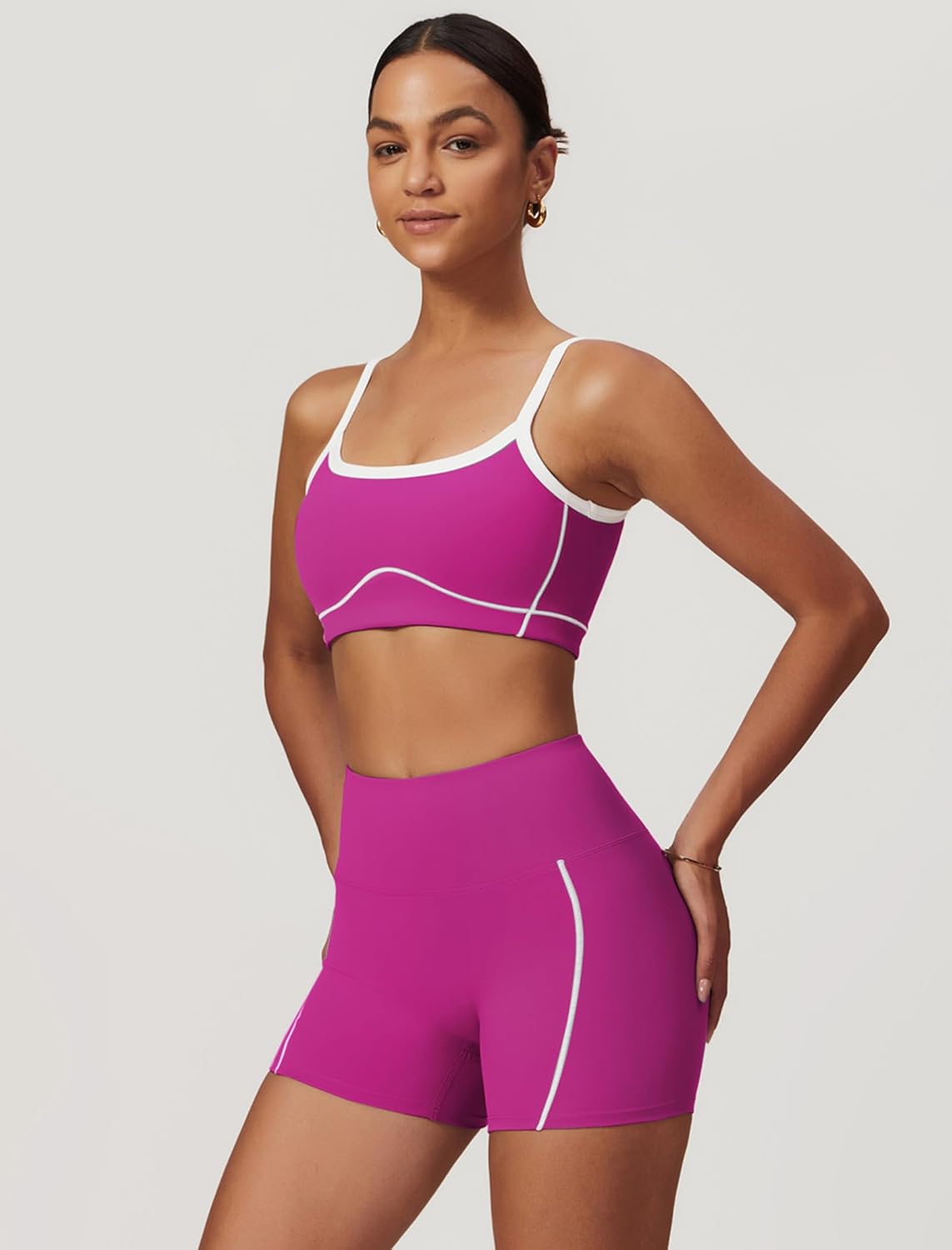 两件套女式锻炼套装拼色运动文胸和提臀短裤健身房瑜伽运动服装