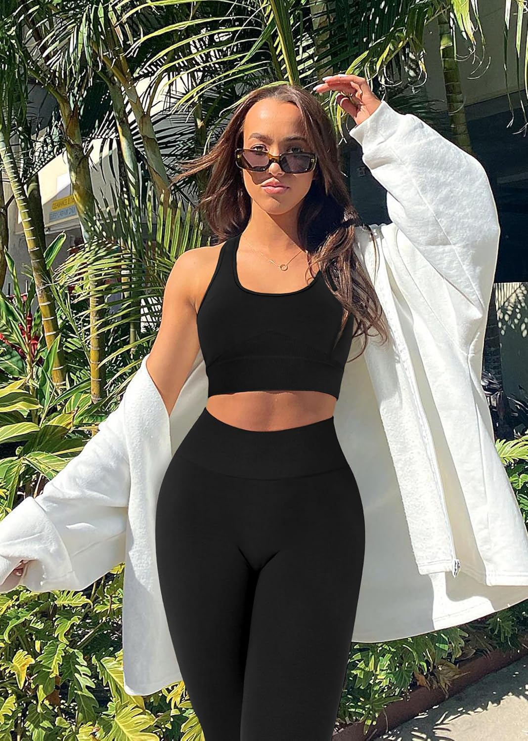 OLCHEE 女式锻炼套装 2 件套 - 酸洗无缝瑜伽服高腰打底裤加垫工字背心运动文胸健身房套装