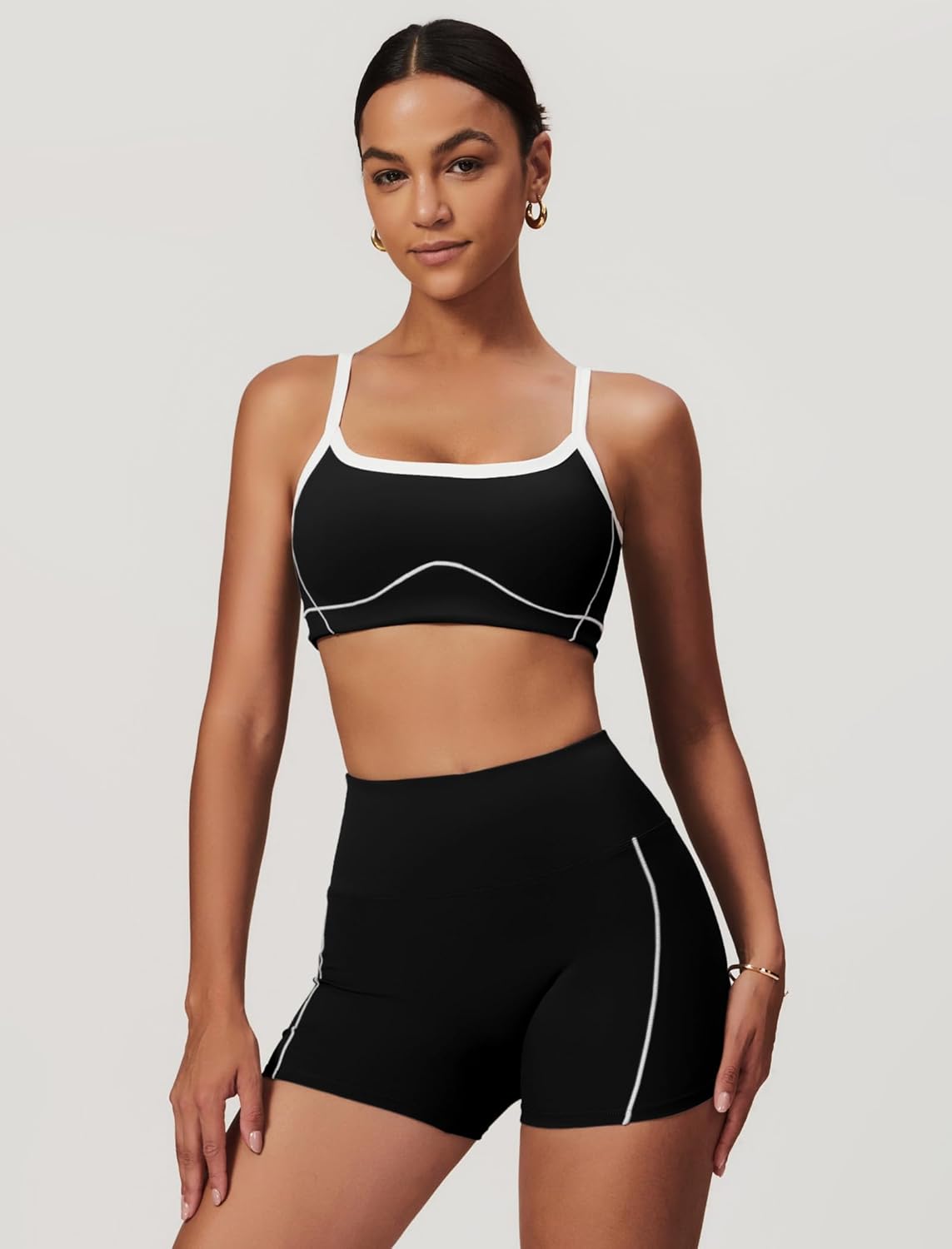 两件套女式锻炼套装拼色运动文胸和提臀短裤健身房瑜伽运动服装