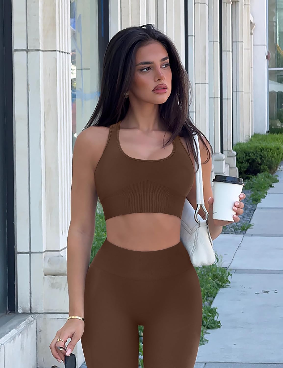 OLCHEE 女式锻炼套装 2 件套 - 酸洗无缝瑜伽服高腰打底裤加垫工字背心运动文胸健身房套装