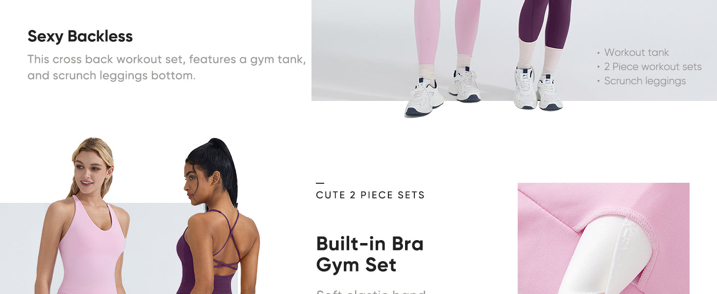 OMKAGI 2 件套女士健身套装,加垫健身上衣,带口袋,健身套装