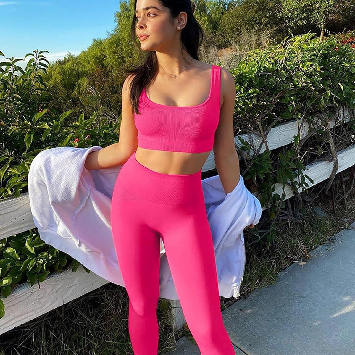 4 件套运动套装女式罗纹打底裤服装瑜伽套装运动装搭配健身普拉提服装