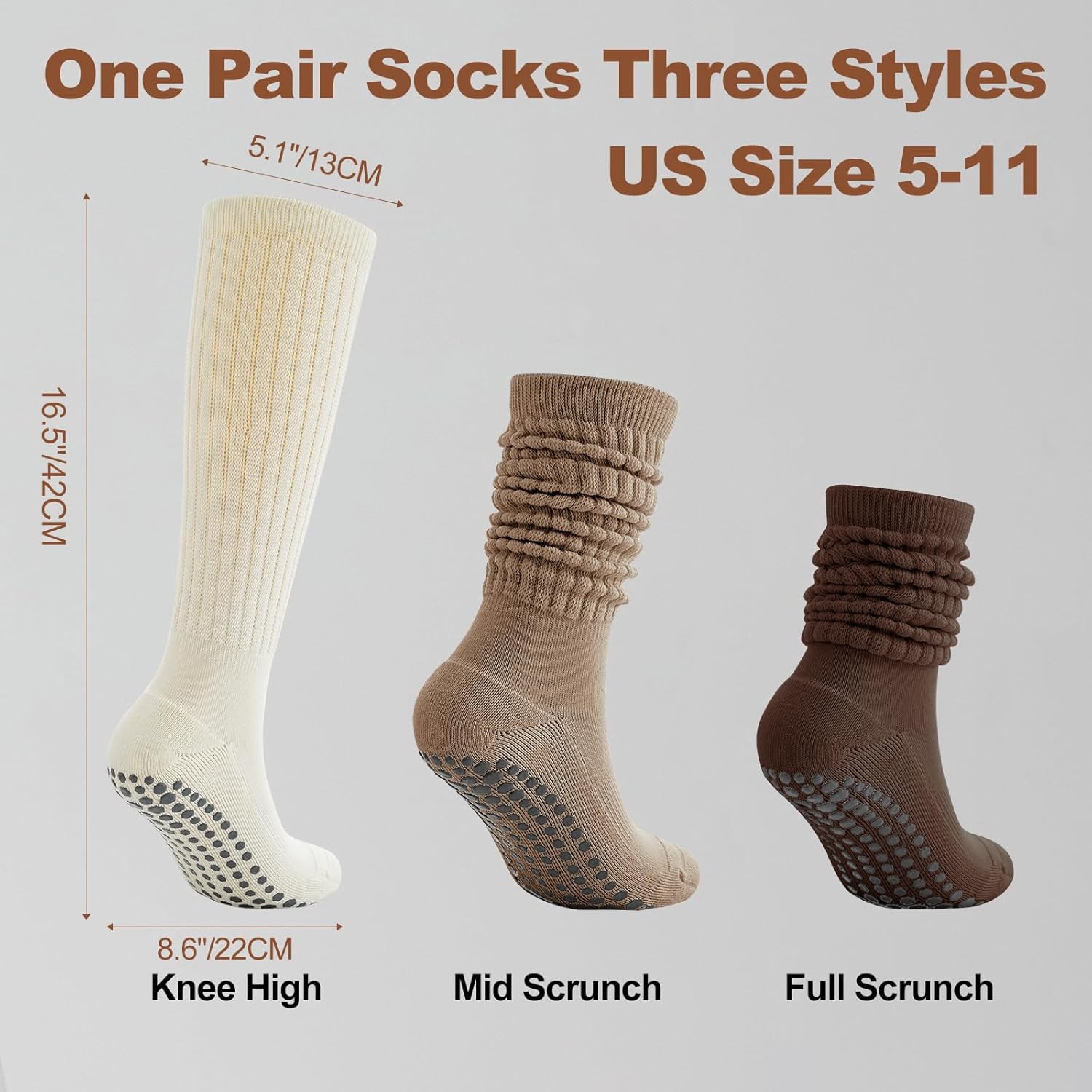 Pilates Socks with Grips for Women, 3 Pairs Long Scrunch Non Slip Yoga Barre Workout Slouch Socks