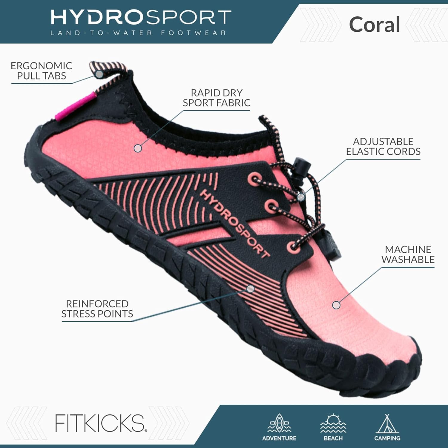 FITKICKS HydroSport 陆到水鞋,中性赤脚鞋,适合海滩、瑜伽、冲浪、露营配饰,男女皆宜的多功能赤脚鞋