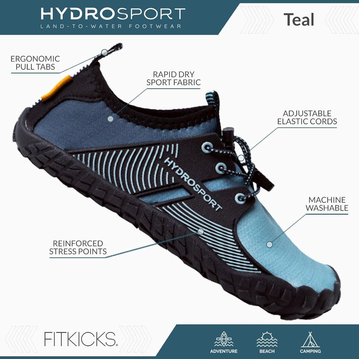 FITKICKS HydroSport 陆到水鞋,中性赤脚鞋,适合海滩、瑜伽、冲浪、露营配饰,男女皆宜的多功能赤脚鞋