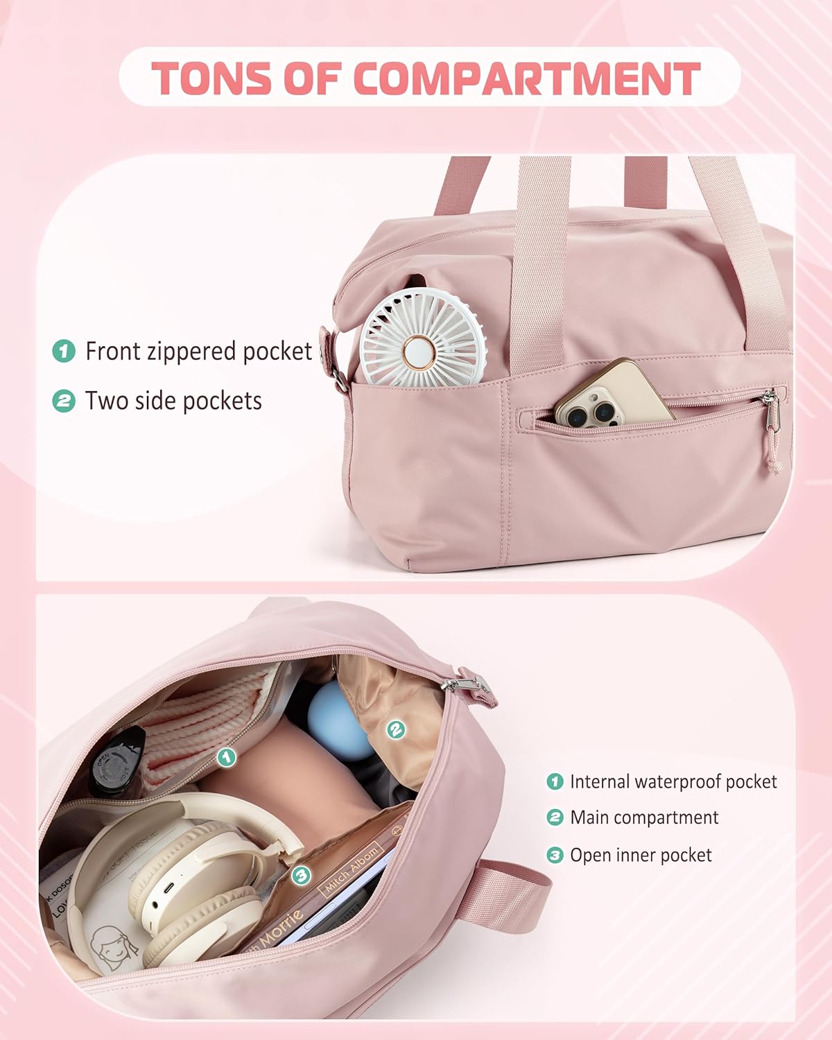 小号健身包,带瑜伽垫支架,湿口袋和一个独立袋,小号健身行李袋,带可拆卸斜挎肩带,粉色