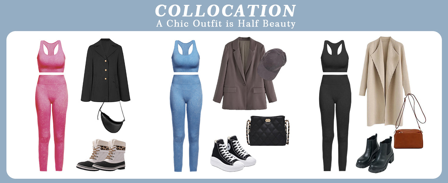 OLCHEE 女式锻炼套装 2 件套 - 酸洗无缝瑜伽服高腰打底裤加垫工字背心运动文胸健身房套装