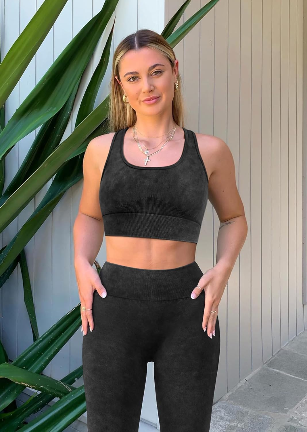 OLCHEE 女式锻炼套装 2 件套 - 酸洗无缝瑜伽服高腰打底裤加垫工字背心运动文胸健身房套装