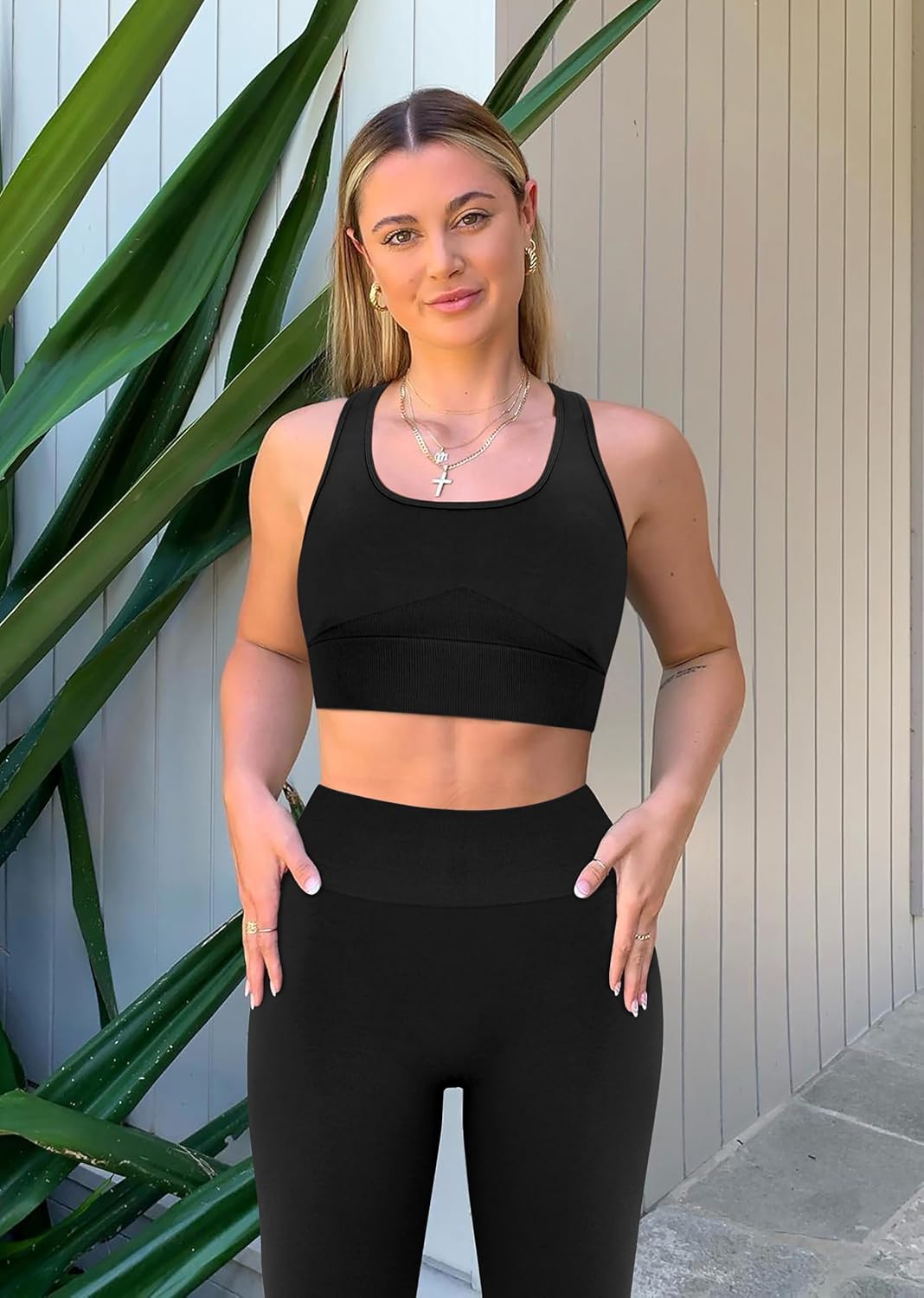 OLCHEE 女式锻炼套装 2 件套 - 酸洗无缝瑜伽服高腰打底裤加垫工字背心运动文胸健身房套装