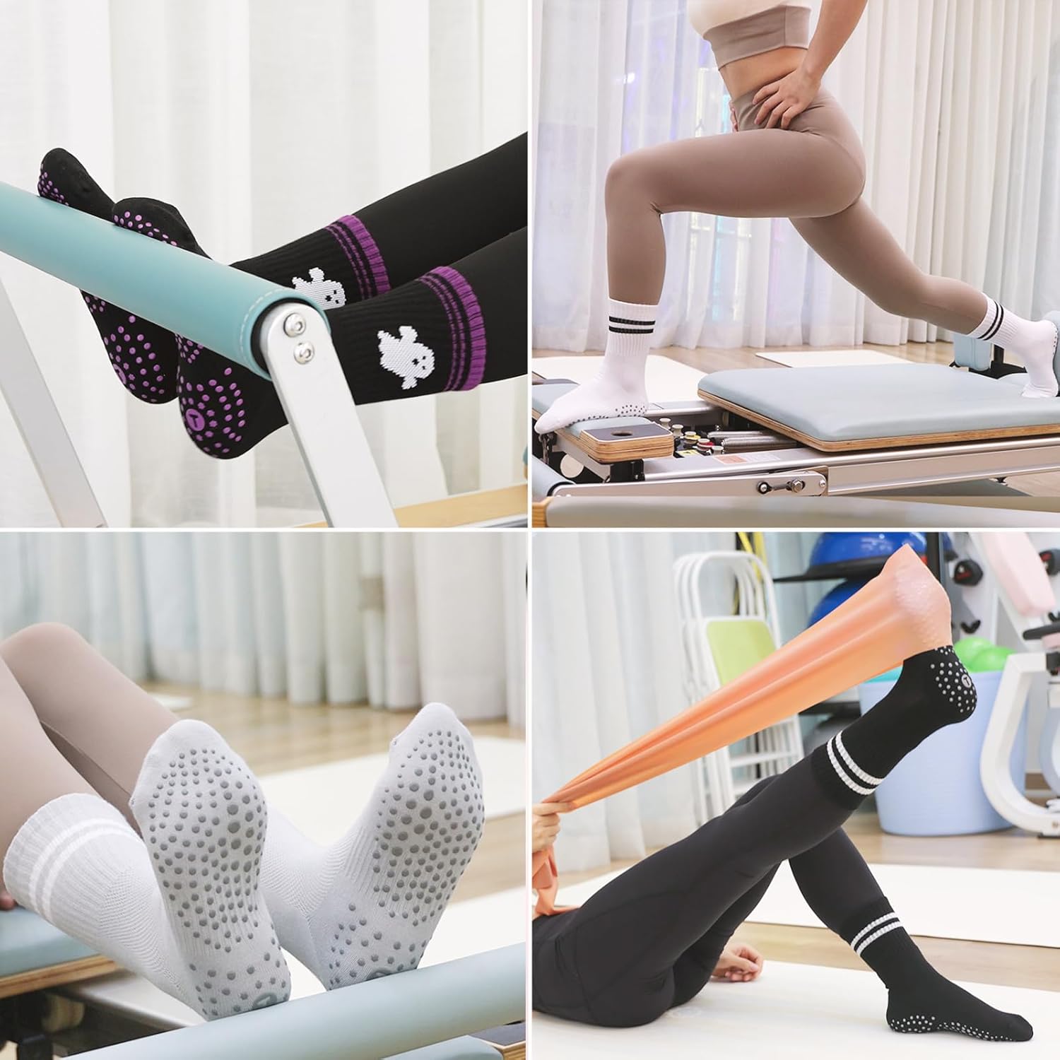Toes Home 女式普拉提袜带防滑抓手,瑜伽船员袜适用于巴雷医院粘性拖鞋袜 4 双装