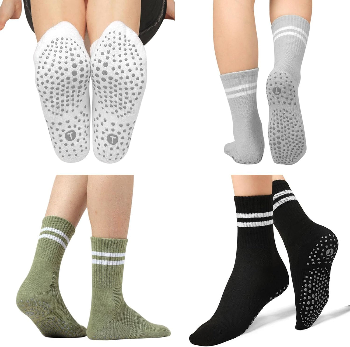 Toes Home 女式普拉提袜带防滑抓手,瑜伽船员袜适用于巴雷医院粘性拖鞋袜 4 双装