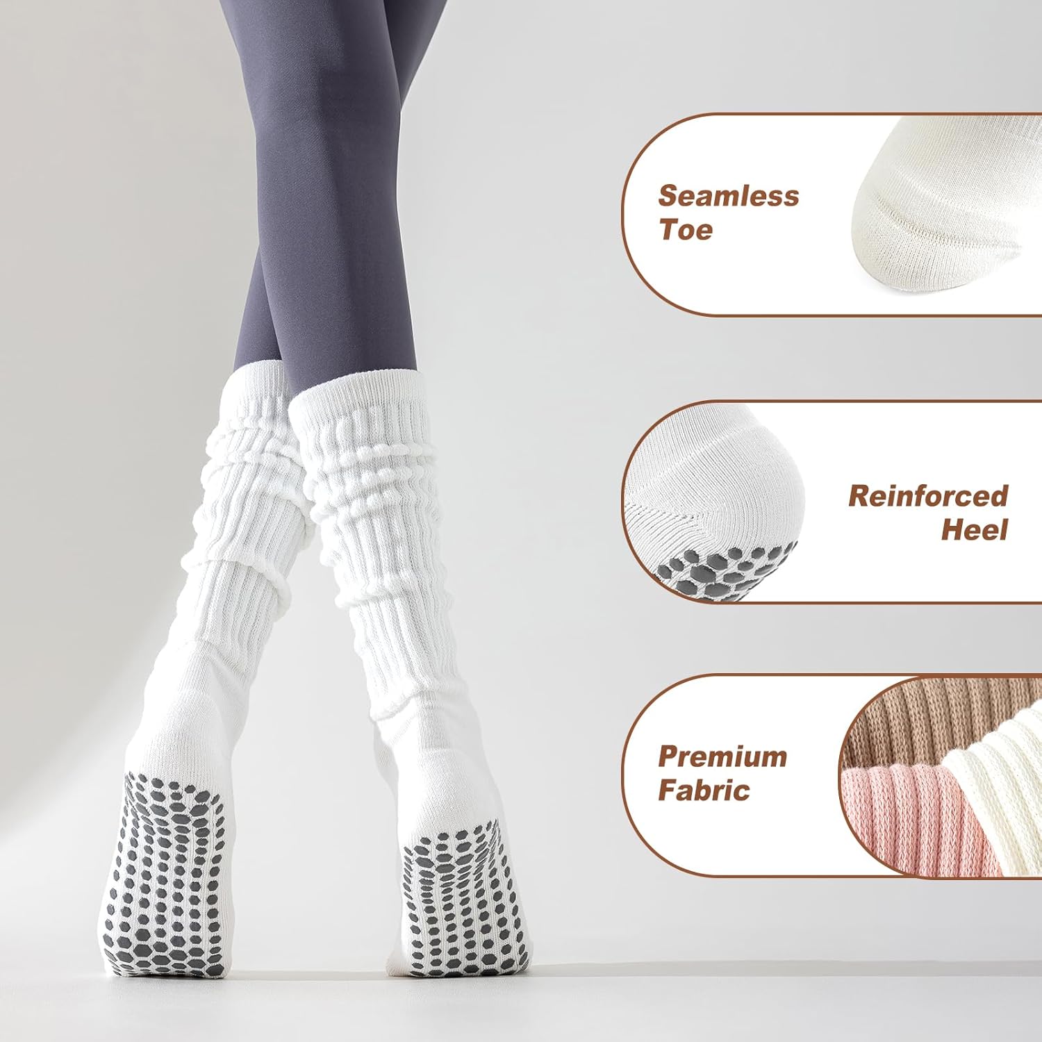Pilates Socks with Grips for Women, 3 Pairs Long Scrunch Non Slip Yoga Barre Workout Slouch Socks