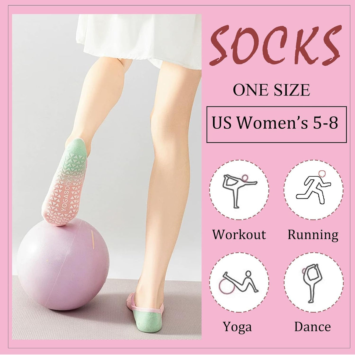 Pilates Socks For Women Non Slip With Grips Straps Sticky Gripper Workout Sock for Pilates，Ballet, Dance, Gym