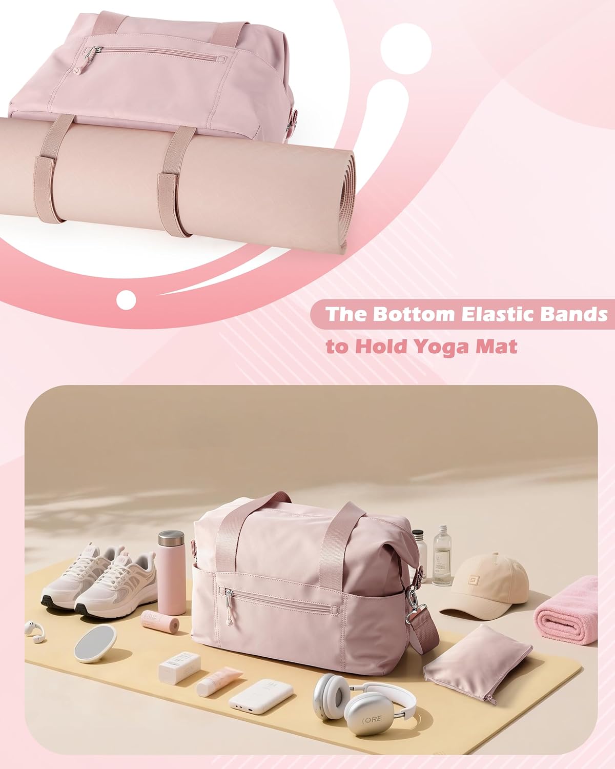 小号健身包,带瑜伽垫支架,湿口袋和一个独立袋,小号健身行李袋,带可拆卸斜挎肩带,粉色