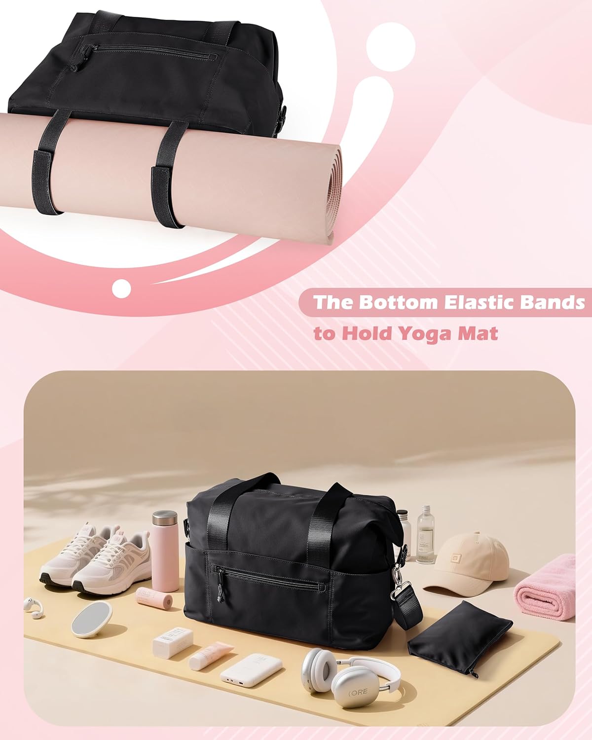 小号健身包,带瑜伽垫支架,湿口袋和一个独立袋,小号健身行李袋,带可拆卸斜挎肩带,粉色