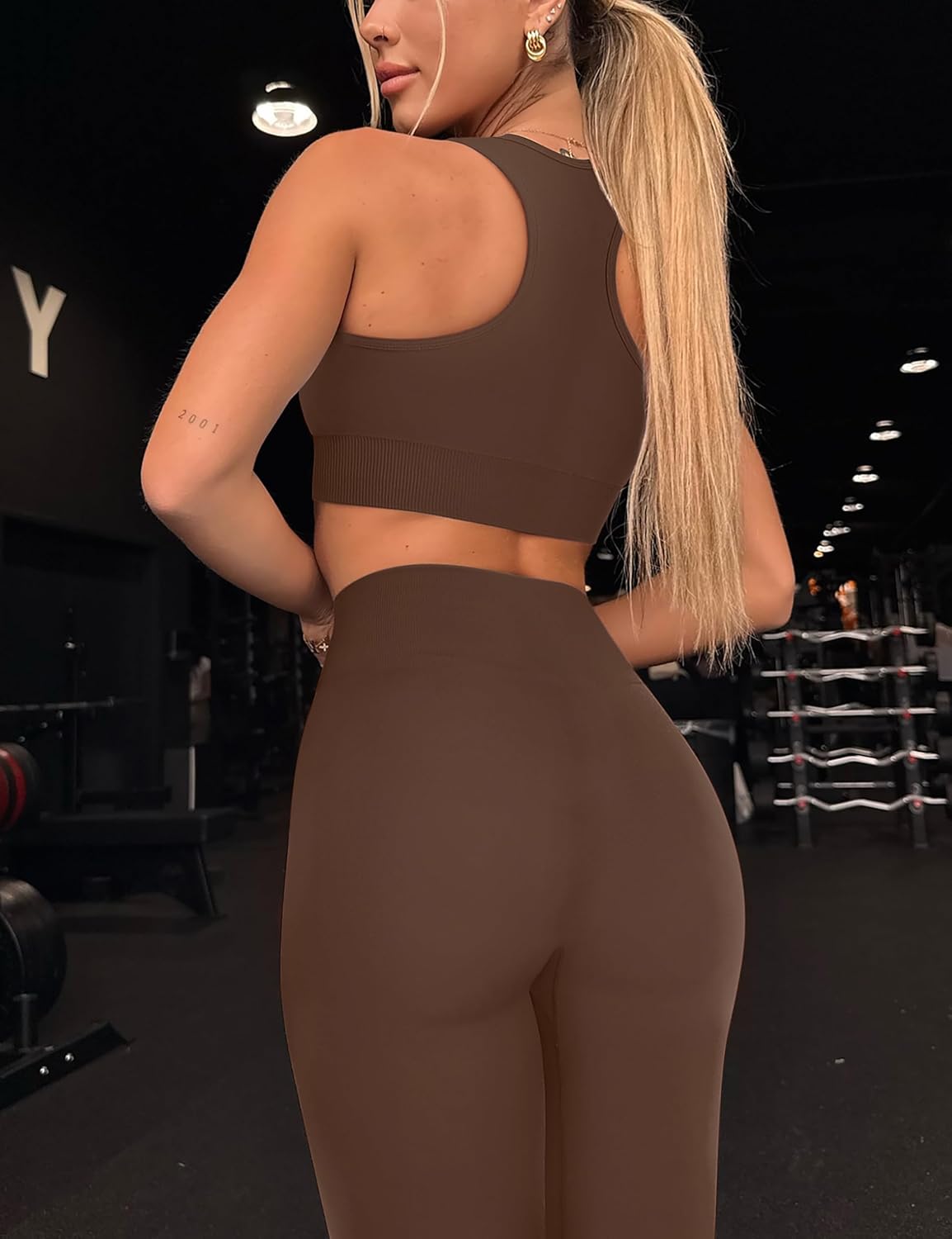 OLCHEE 女式锻炼套装 2 件套 - 酸洗无缝瑜伽服高腰打底裤加垫工字背心运动文胸健身房套装