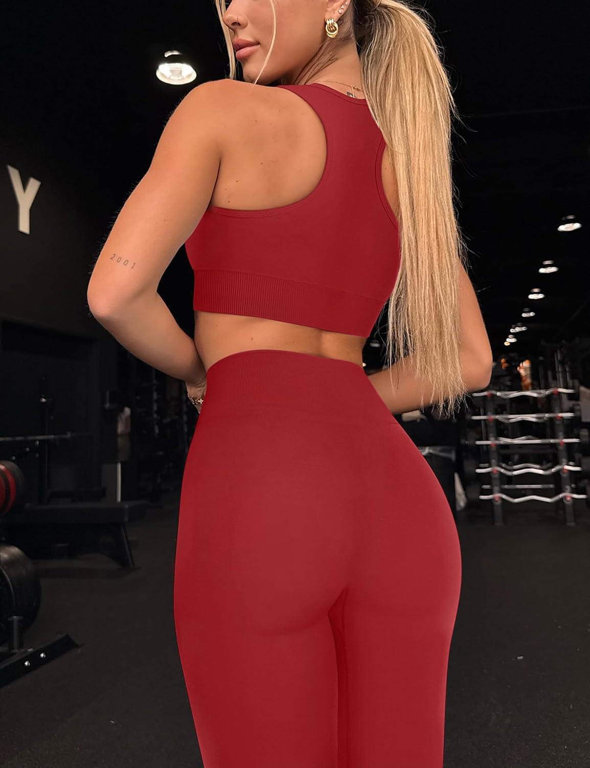 OLCHEE 女式锻炼套装 2 件套 - 酸洗无缝瑜伽服高腰打底裤加垫工字背心运动文胸健身房套装