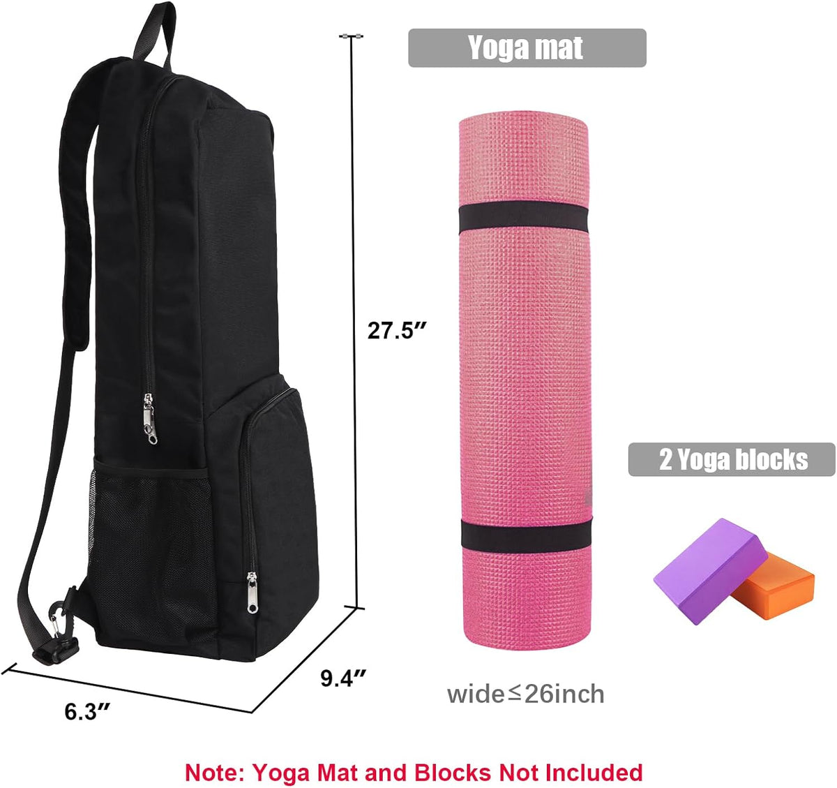 瑜伽垫包侧面网眼拉链口袋外部湿隔层轻质防水瑜伽垫包