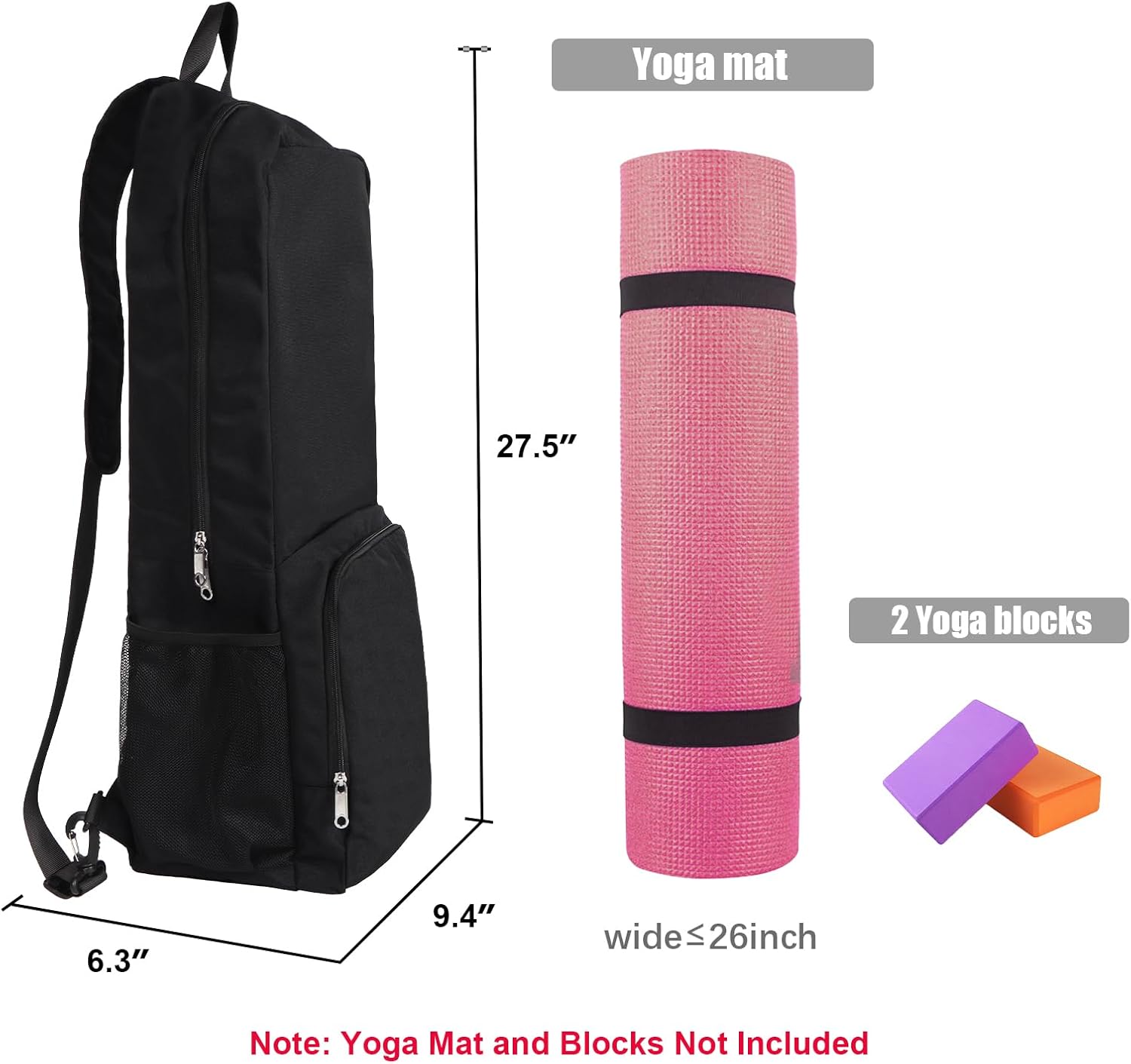 瑜伽垫包侧面网眼拉链口袋外部湿隔层轻质防水瑜伽垫包