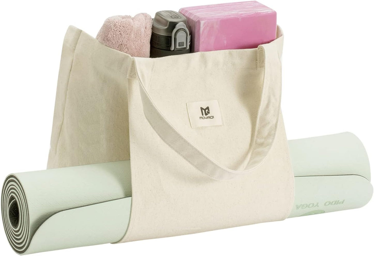 Moyaqi 帆布手提包带瑜伽垫携带口袋手提单肩包适用于办公室、锻炼、普拉提、旅行、沙滩和健身房