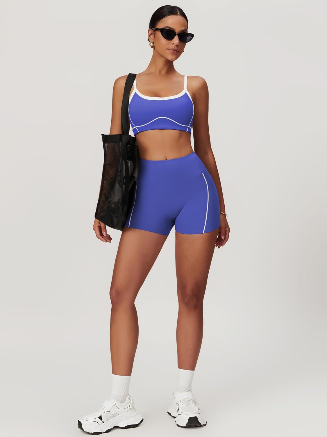 两件套女式锻炼套装拼色运动文胸和提臀短裤健身房瑜伽运动服装