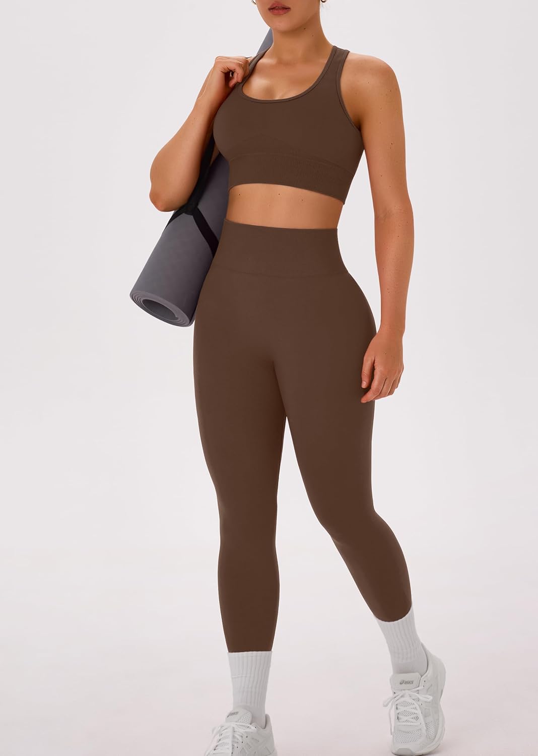 OLCHEE 女式锻炼套装 2 件套 - 酸洗无缝瑜伽服高腰打底裤加垫工字背心运动文胸健身房套装