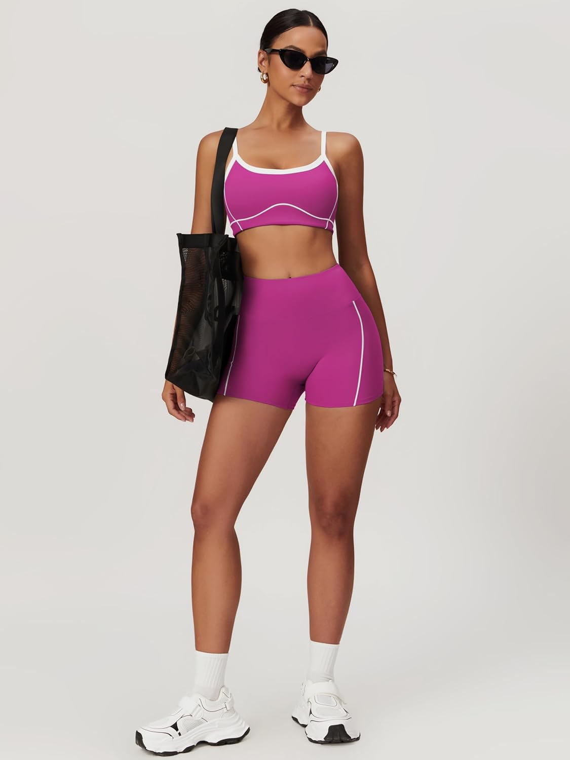 两件套女式锻炼套装拼色运动文胸和提臀短裤健身房瑜伽运动服装