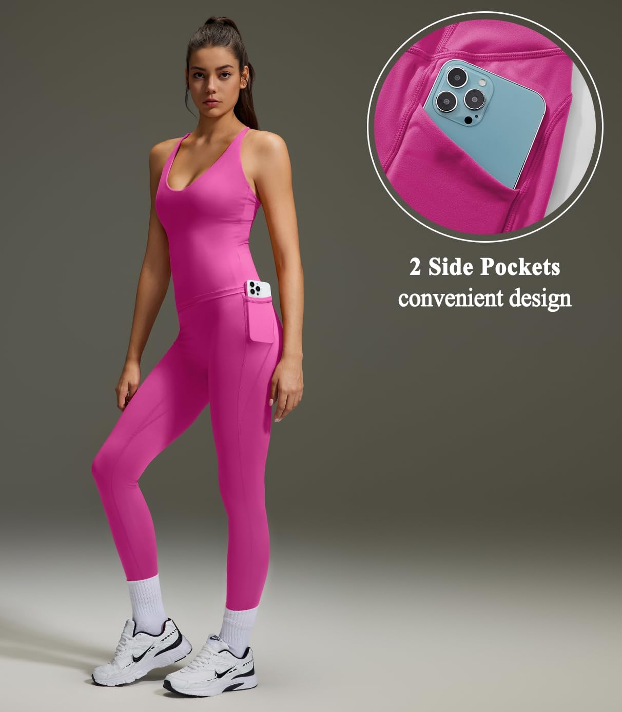 OMKAGI 2 件套女士健身套装,加垫健身上衣,带口袋,健身套装