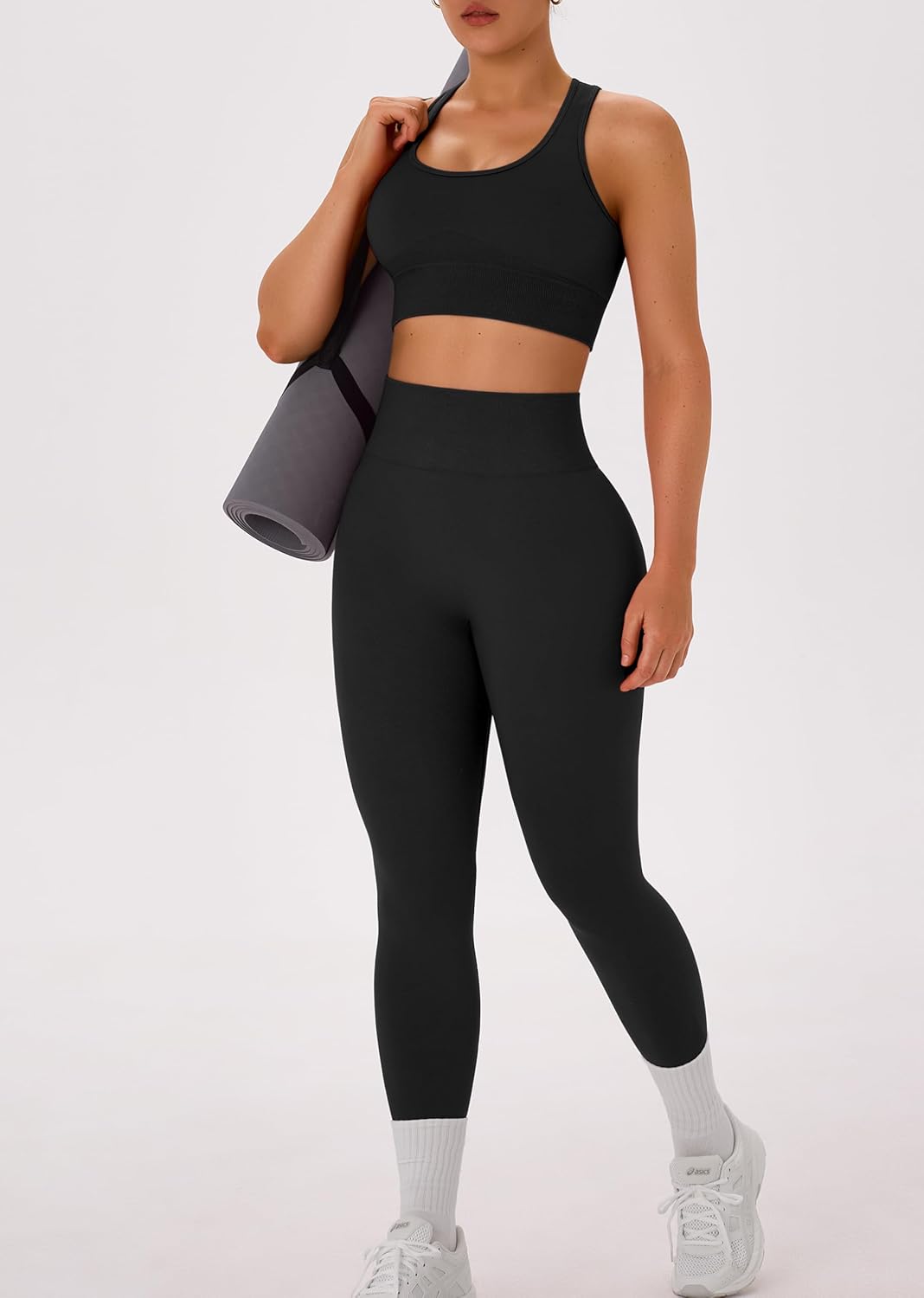 OLCHEE 女式锻炼套装 2 件套 - 酸洗无缝瑜伽服高腰打底裤加垫工字背心运动文胸健身房套装