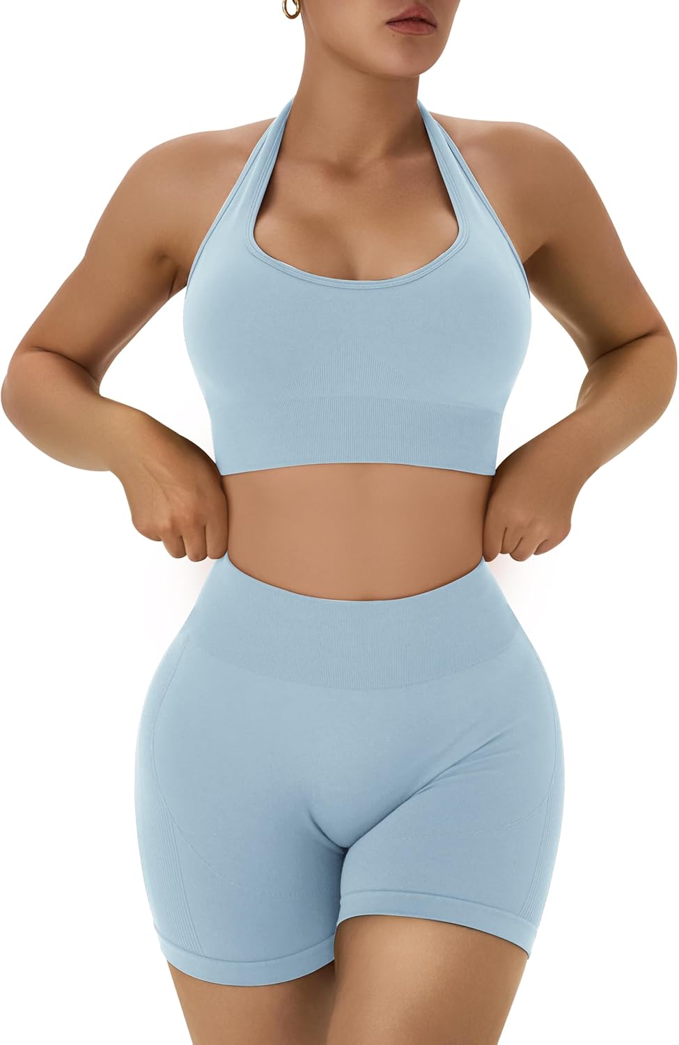 OLCHEE 女士健身套装 2 件套露背挂脖运动胸罩高腰提臀短裤瑜伽健身服休闲运动服