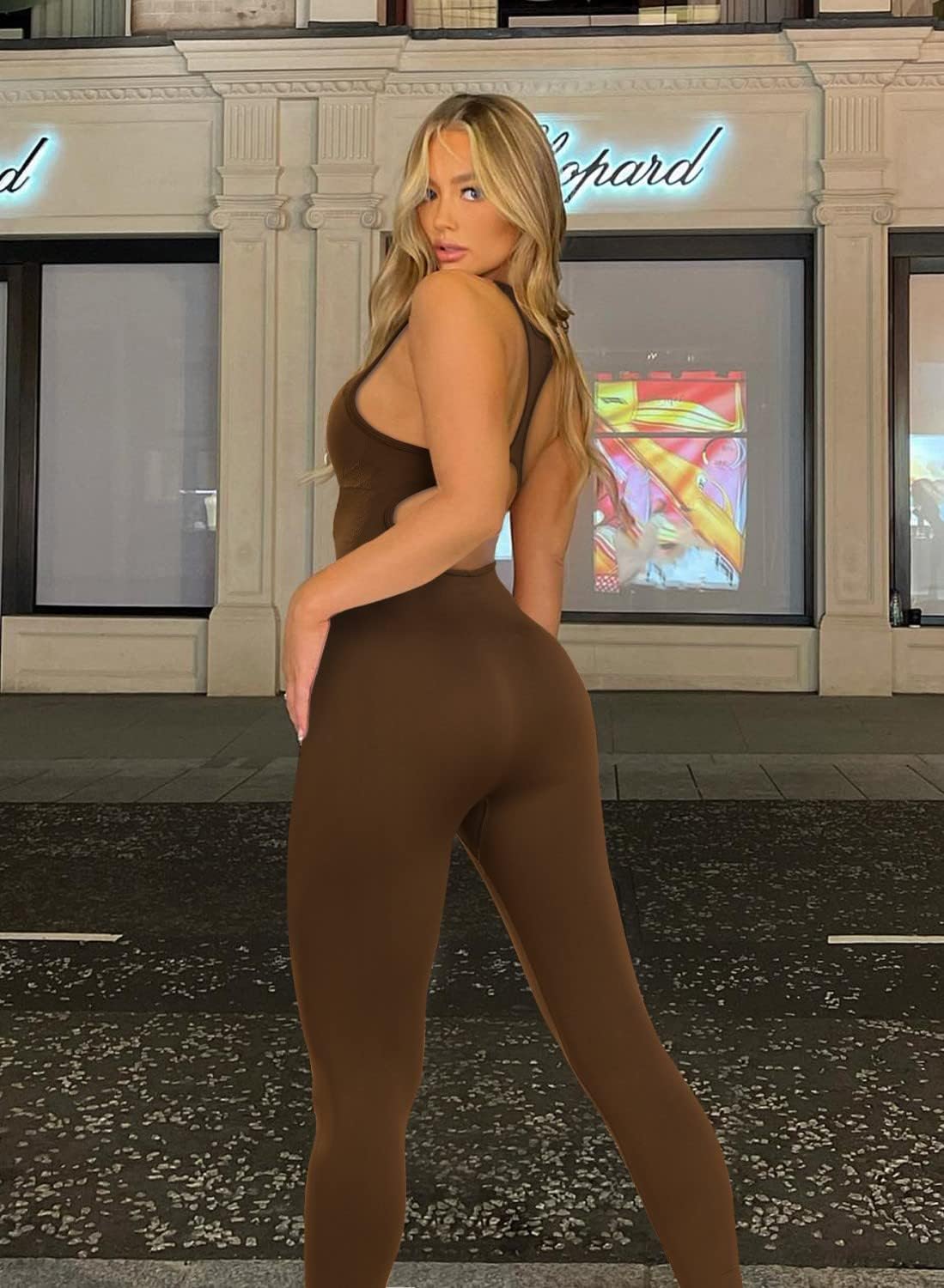 OLCHEE 女式健身连身裤无缝瑜伽健身房紧身连衫裤性感工字背心收腹加垫文胸