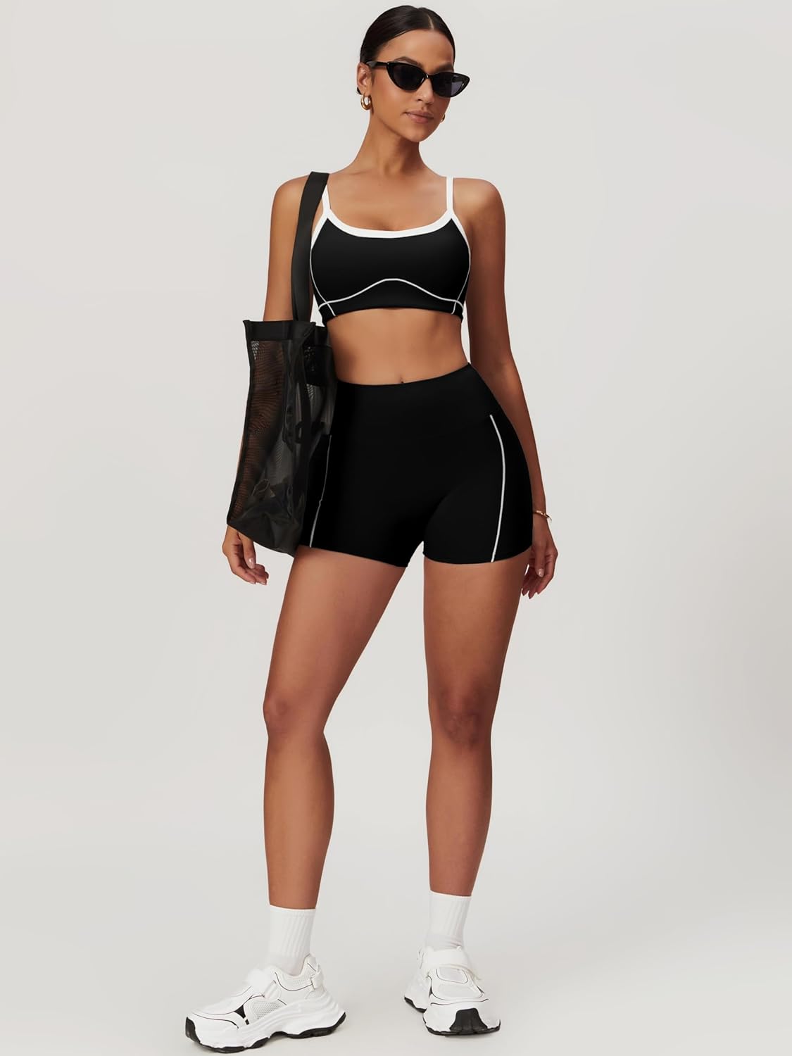 两件套女式锻炼套装拼色运动文胸和提臀短裤健身房瑜伽运动服装