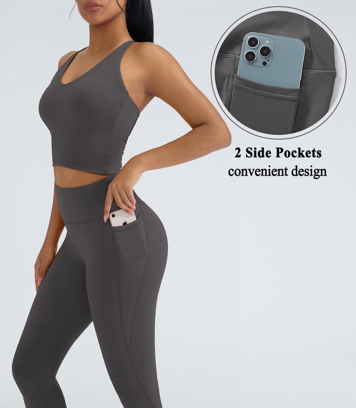 OMKAGI 2 件套女士健身套装,加垫健身上衣,带口袋,健身套装